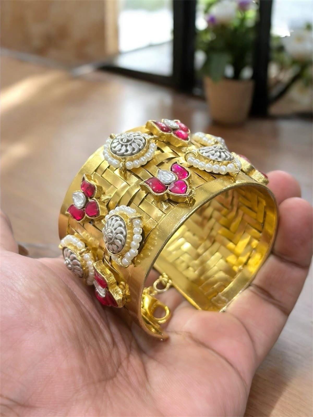 Masaba inspired Statement celebrity golden weaved openable cuff with Moroccan artistry and intricate carving alongside premium Polki stones
