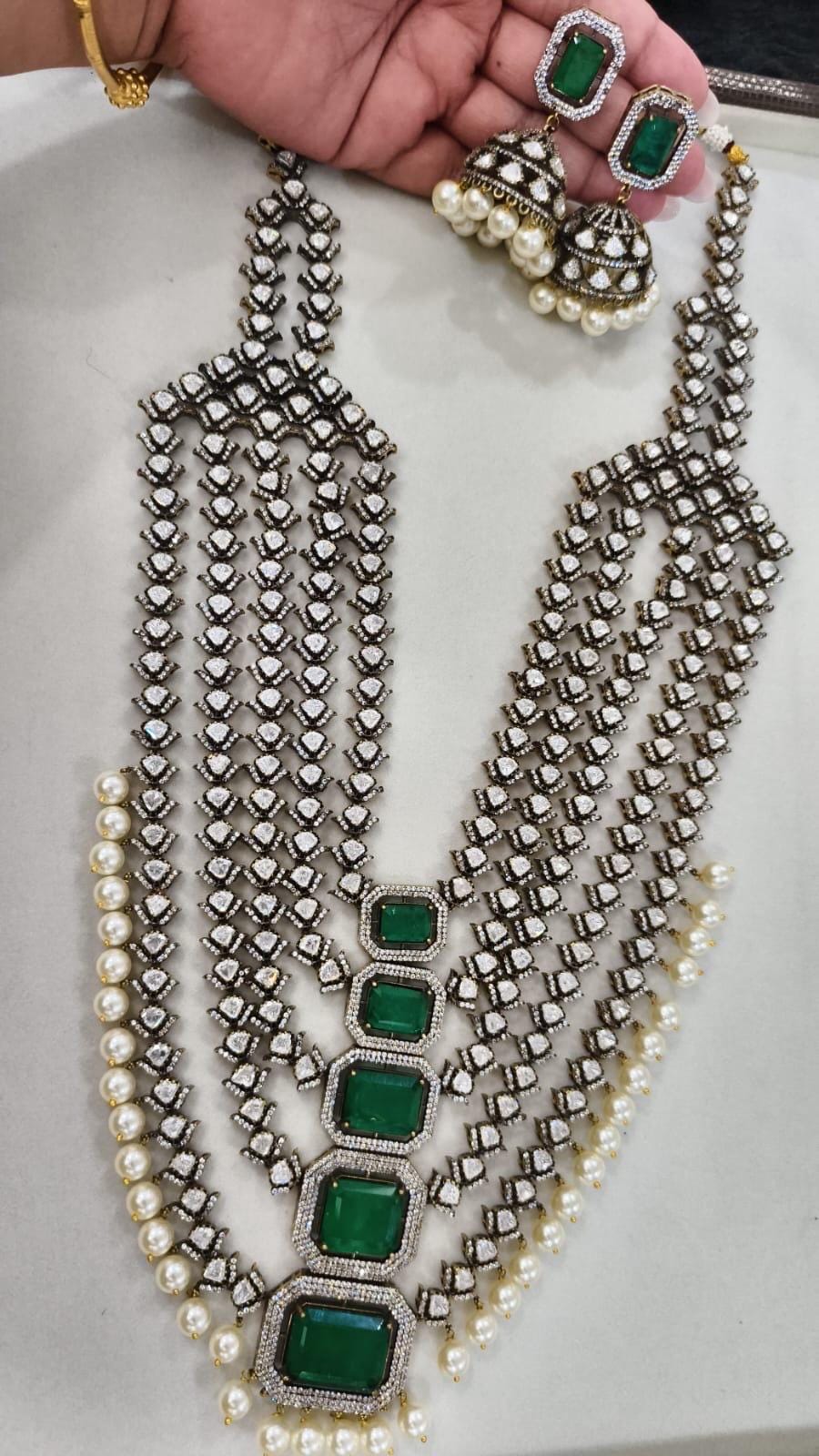 Moissanite multi layered Necklace with earrings,Indian jewelry,Wedding jewelry,Statement necklace,Pakistani jewery,Bollywood,Sabyasachi set