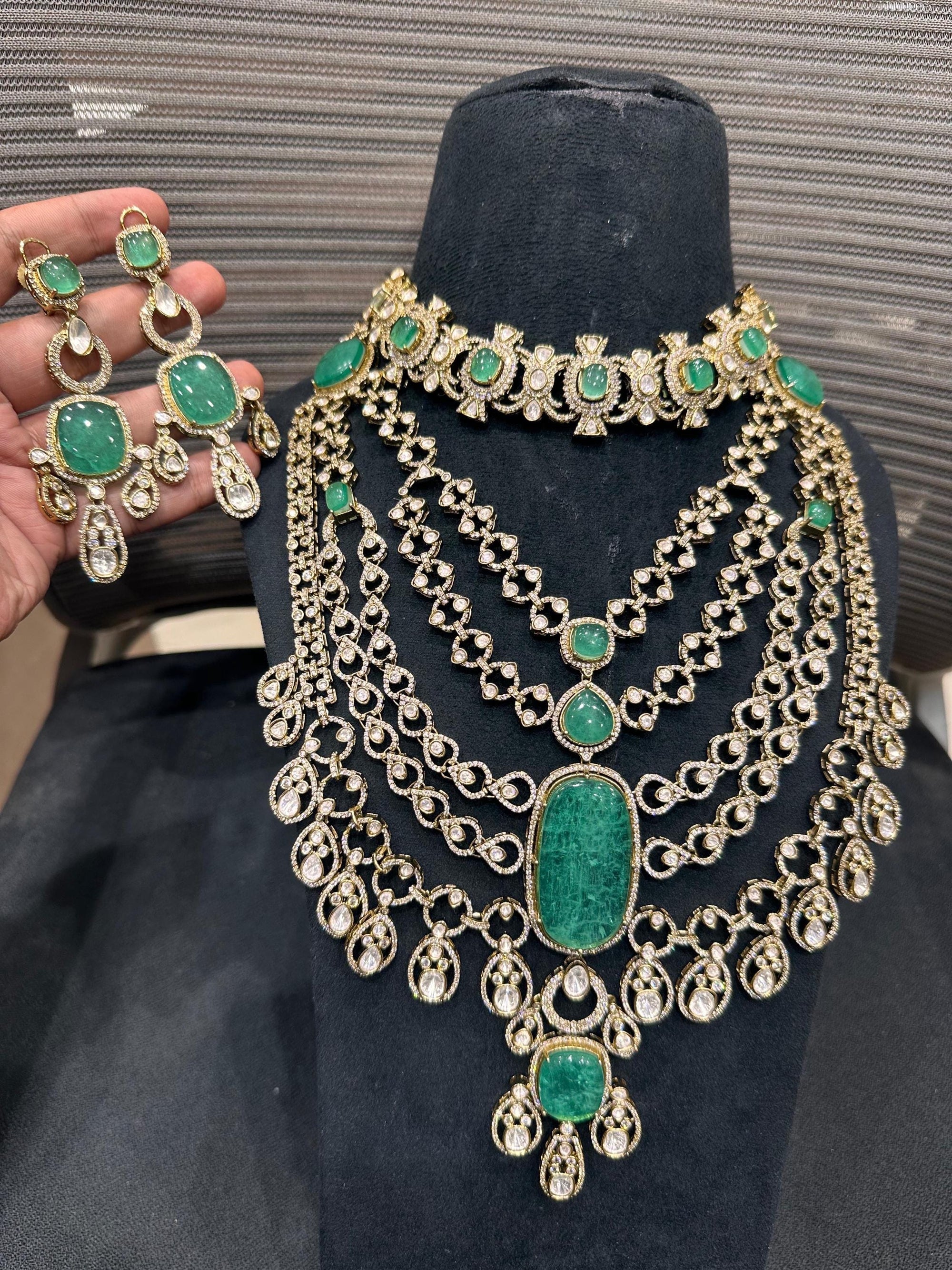 Diljit Dosanjh Met Gala inspired Emerald Doublet short and Long Moissanite Necklace/sabyasachi statement bridal wedding Indian Pakistani set