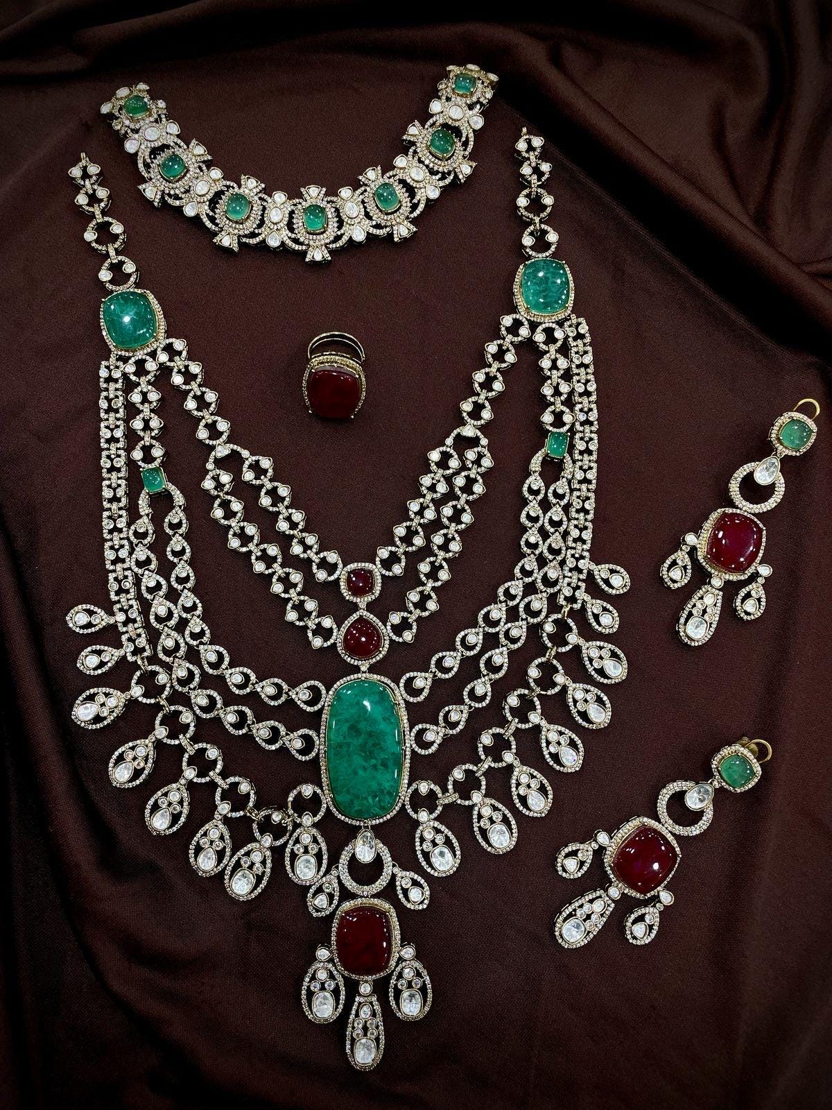 Diljit Dosanjh Met Gala inspired Emerald Doublet short and Long Moissanite Necklace/sabyasachi statement bridal wedding Indian Pakistani set