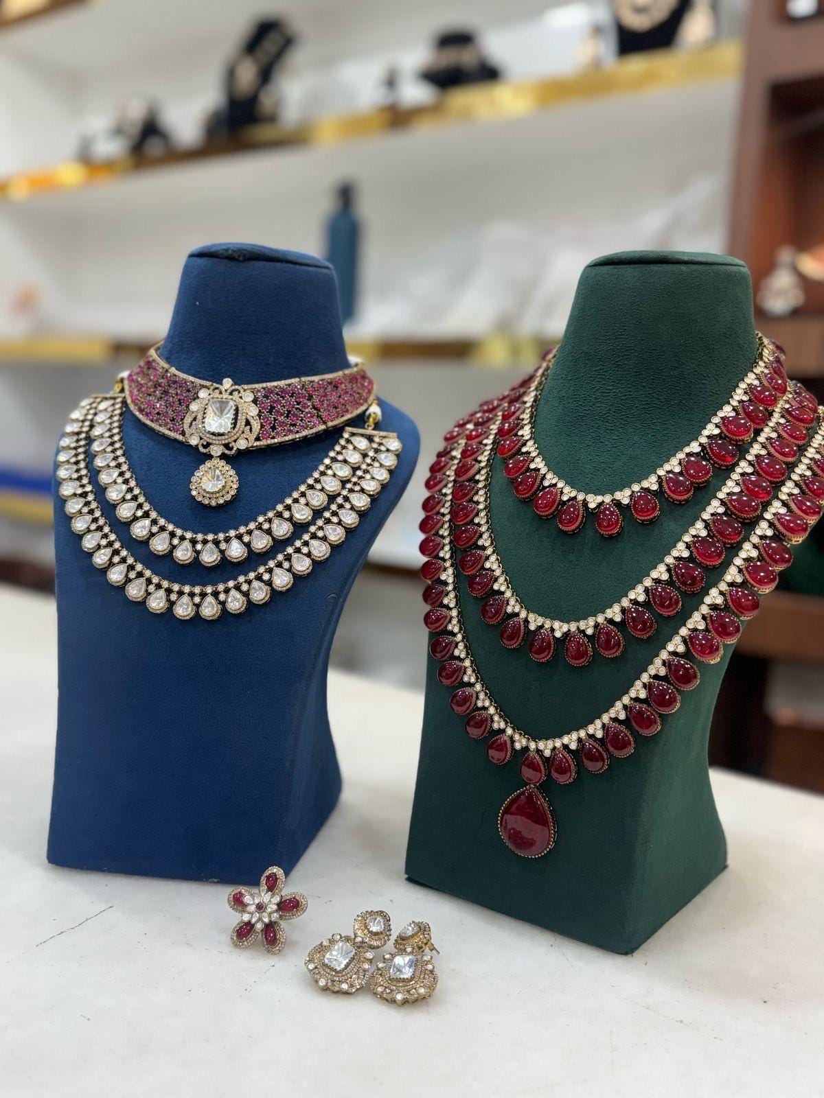 Aishwarya Rai Cannes inspired mossanite polki Ruby long and short multi bridal necklace set with earrings and ring/Statement Manish Malhotra