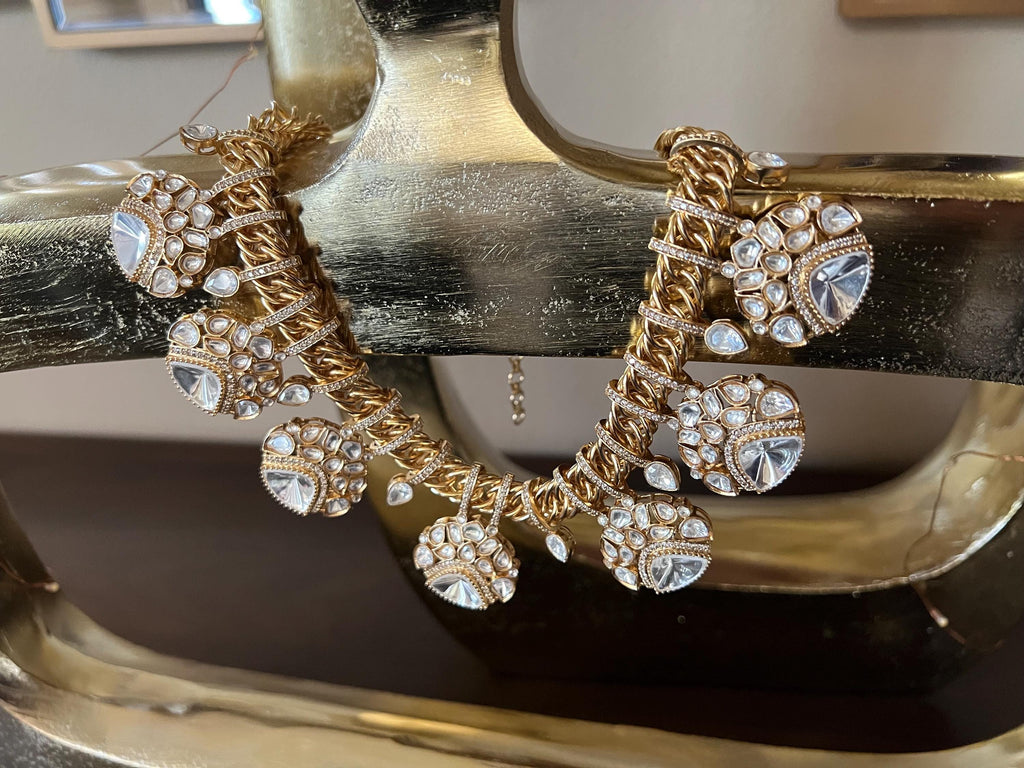 Sabyasachi Inspired Fine Moissanite Polki with real freshwater pearls necklace with earrings,tikka and cuff/statement fusion wedding goldset