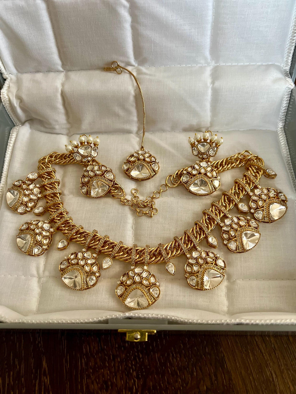 Sabyasachi Inspired Fine Moissanite Polki with real freshwater pearls necklace with earrings,tikka and cuff/statement fusion wedding goldset