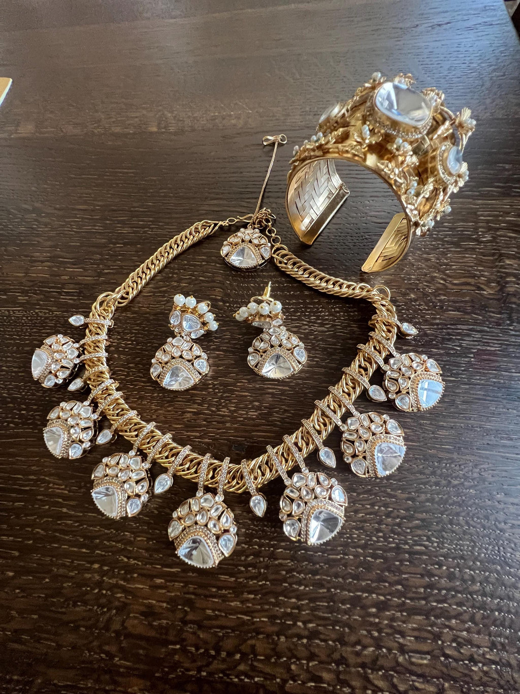 Sabyasachi Inspired Fine Moissanite Polki with real freshwater pearls necklace with earrings,tikka and cuff/statement fusion wedding goldset