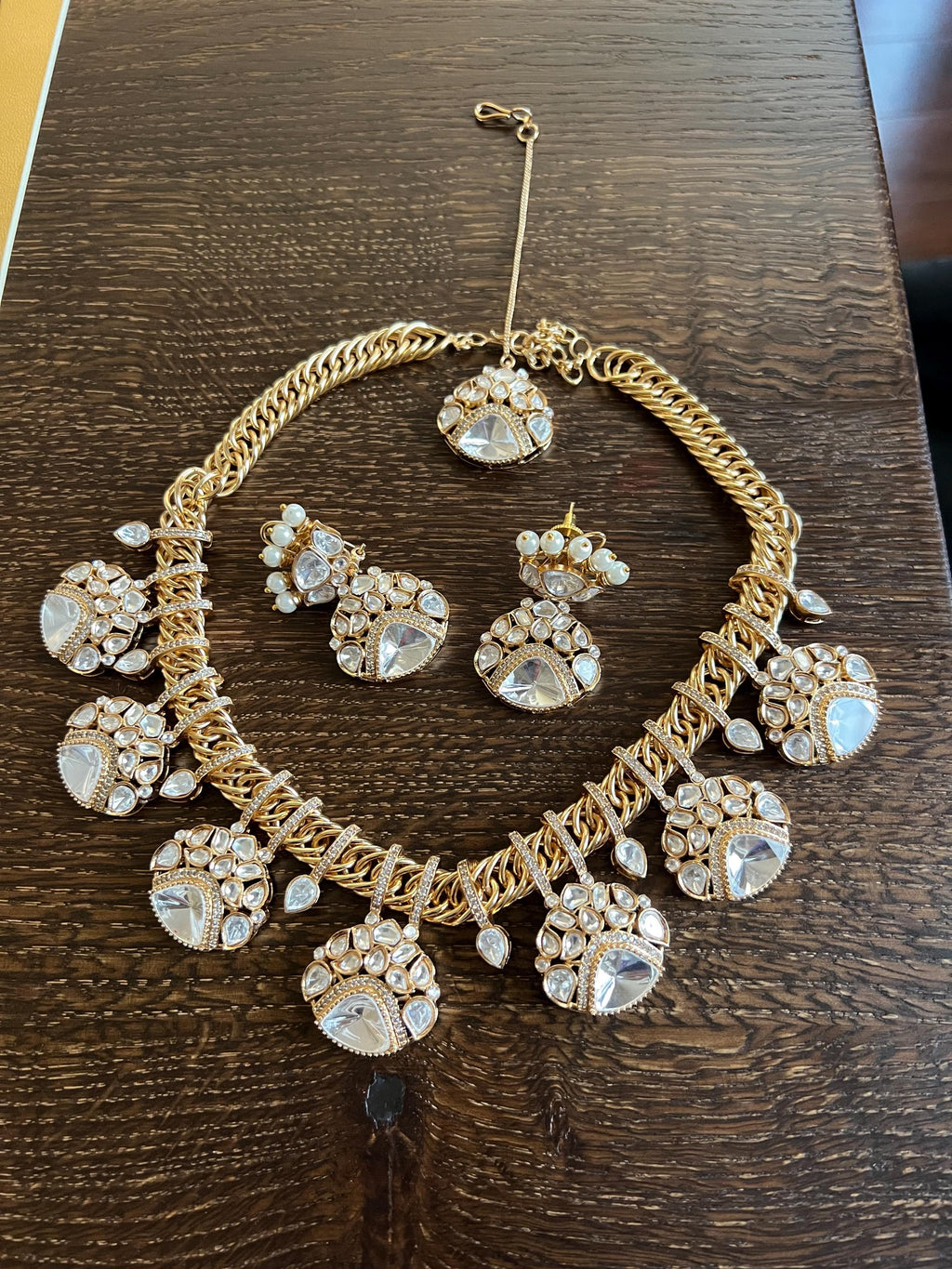 Sabyasachi Inspired Fine Moissanite Polki with real freshwater pearls necklace with earrings,tikka and cuff/statement fusion wedding goldset
