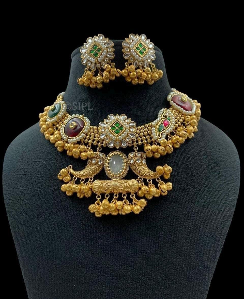 Indian Necklace Set/ Indian Choker Necklace/Ghungroo and stone necklace /statment bridal wedding fusion Indian Pakistani gold necklace set