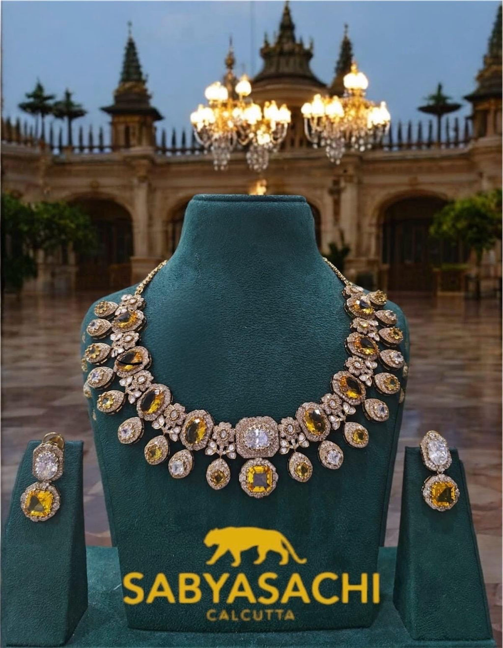 Fine Gold Finish Citrine and Crystal Bridal Fusion Statement Wedding Jewelry Necklace Set with Earrings Sabyasachi Jewelry/Indian Pakistani