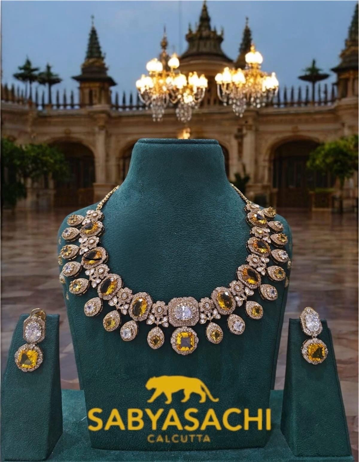 Fine Gold Finish Citrine and Crystal Bridal Fusion Statement Wedding Jewelry Necklace Set with Earrings Sabyasachi Jewelry/Indian Pakistani