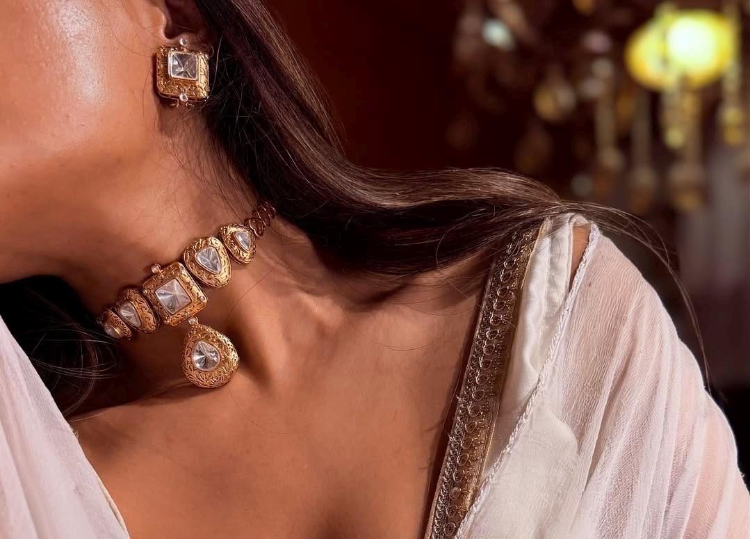 Sabyasachi Inspired Fine Moissanite Polki with intricate gold carving and earrings,statement fusion wedding bridal bridesmaid gold necklace