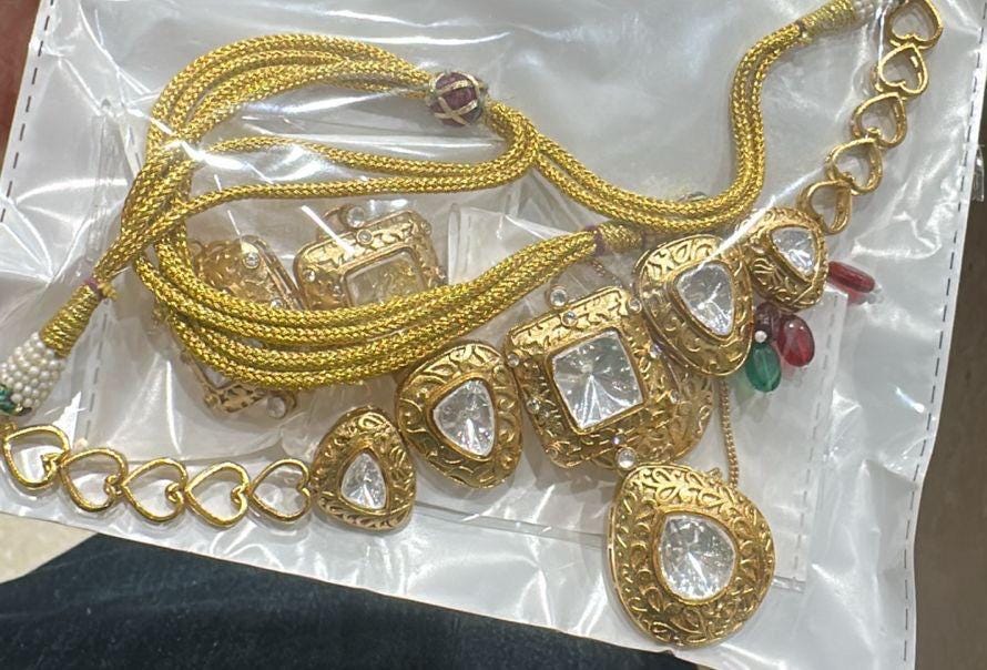 Sabyasachi Inspired Fine Moissanite Polki with intricate gold carving and earrings,statement fusion wedding bridal bridesmaid gold necklace