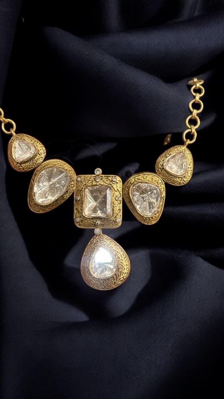 Sabyasachi Inspired Fine Moissanite Polki with intricate gold carving and earrings,statement fusion wedding bridal bridesmaid gold necklace