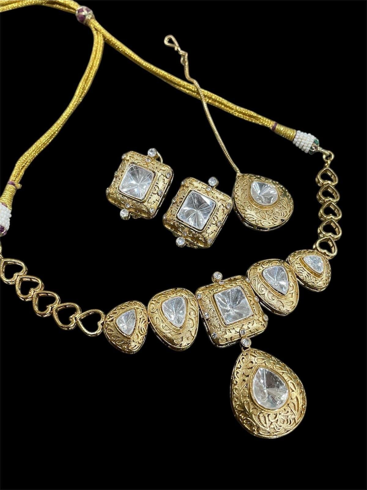 Sabyasachi Inspired Fine Moissanite Polki with intricate gold carving and earrings,statement fusion wedding bridal bridesmaid gold necklace