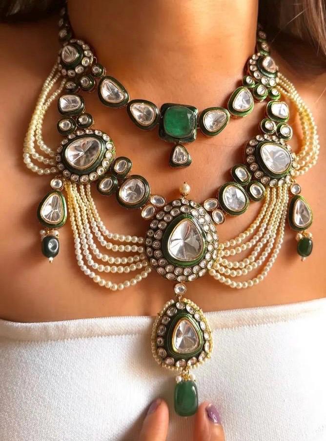 Premium Multilayered Sabyasachi inspired Emerald Green Pearl White Necklace Set With Earrings/Statement Bridal Wedding Indian Pakistani set