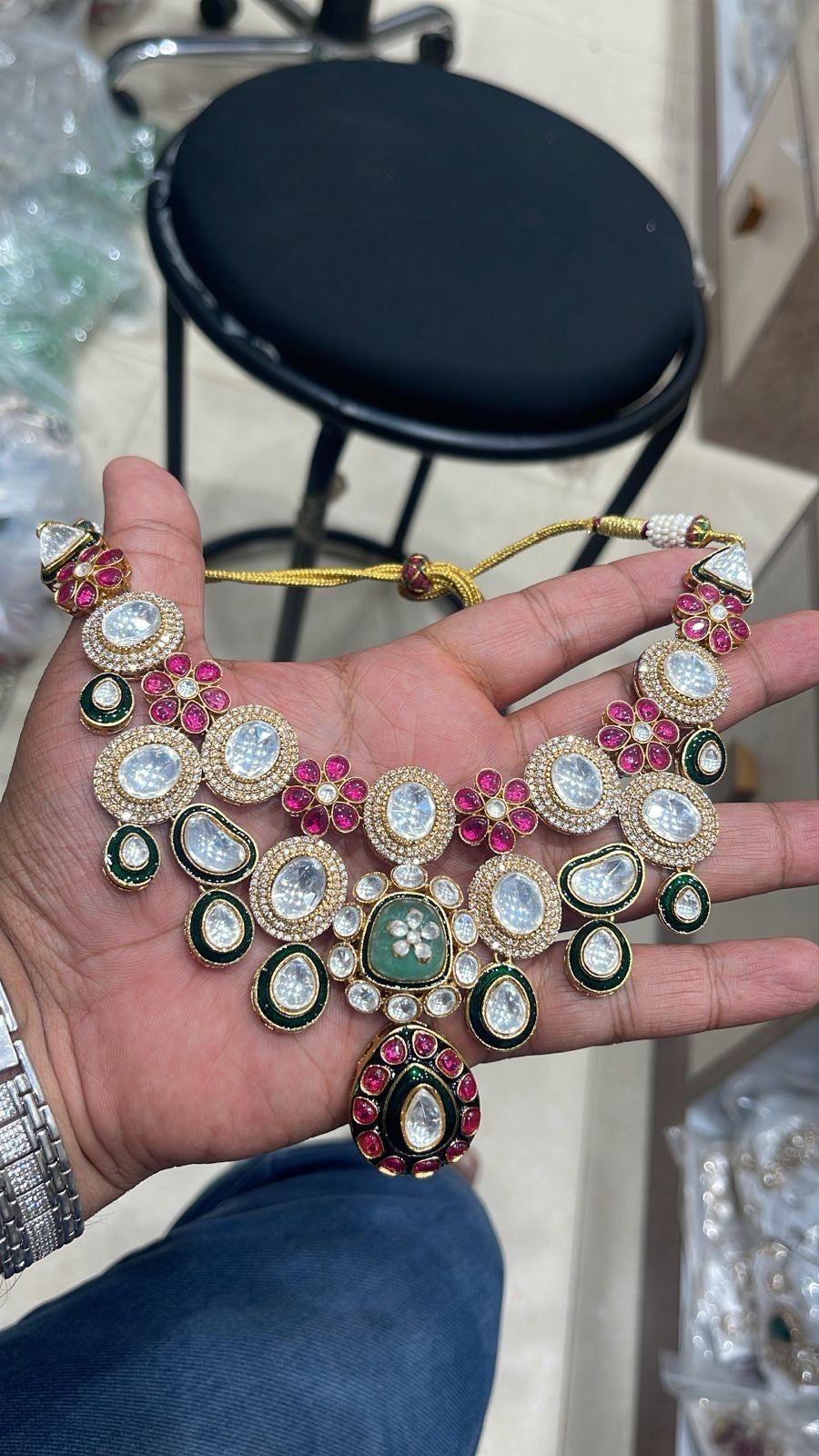 Moissanite Polki Necklace with earrings and tikka,Indian jewelry,Wedding jewelry,Statement necklace,Emerald jewelry,Pakistani jewelry