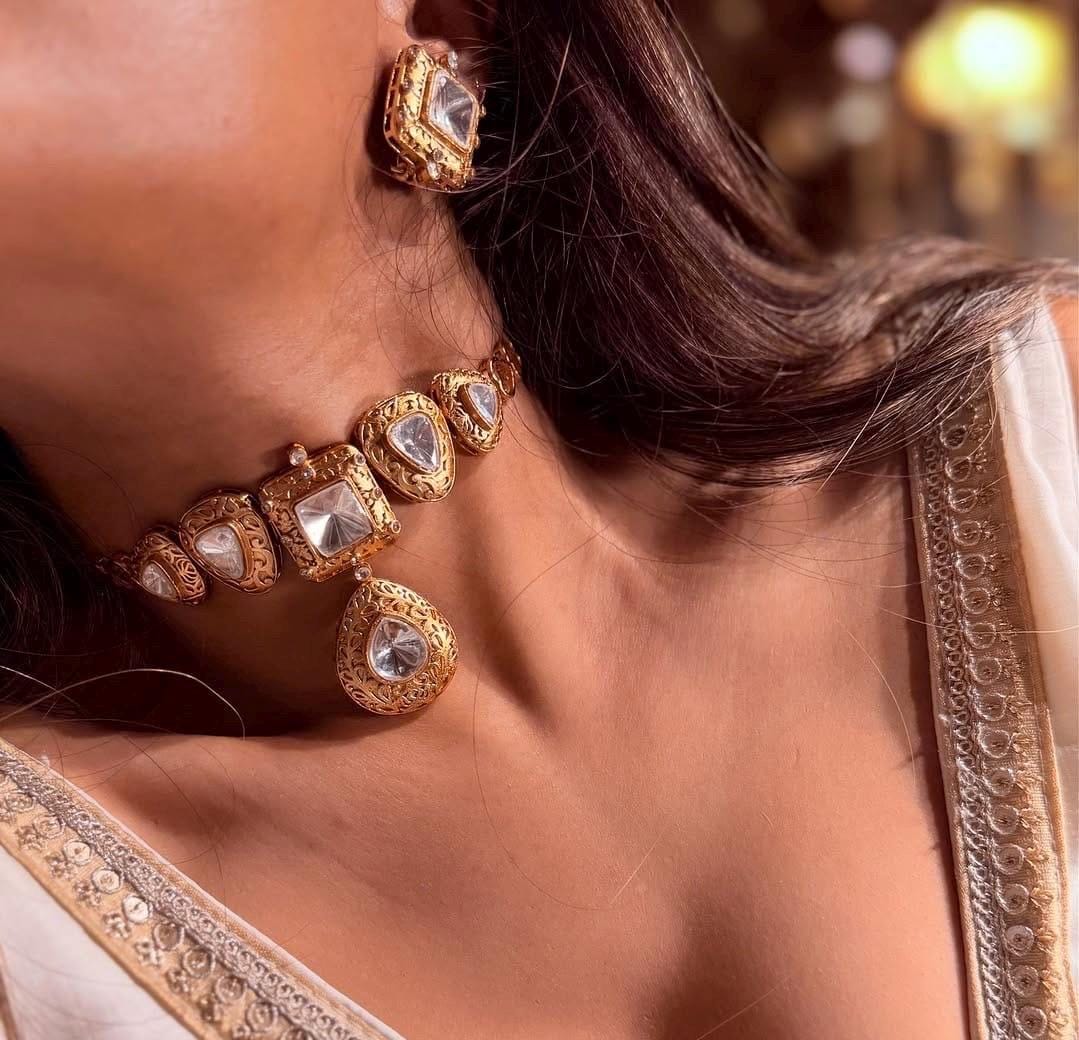 Sabyasachi Inspired Fine Moissanite Polki with intricate gold carving and earrings,statement fusion wedding bridal bridesmaid gold necklace