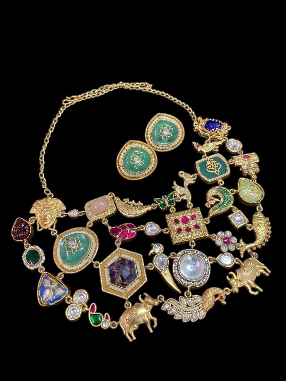 Sabyasachi inspired gold mossanite kundan and stones multi layer necklace chain with earrings/Indian Pakistani wedding fusion statement set