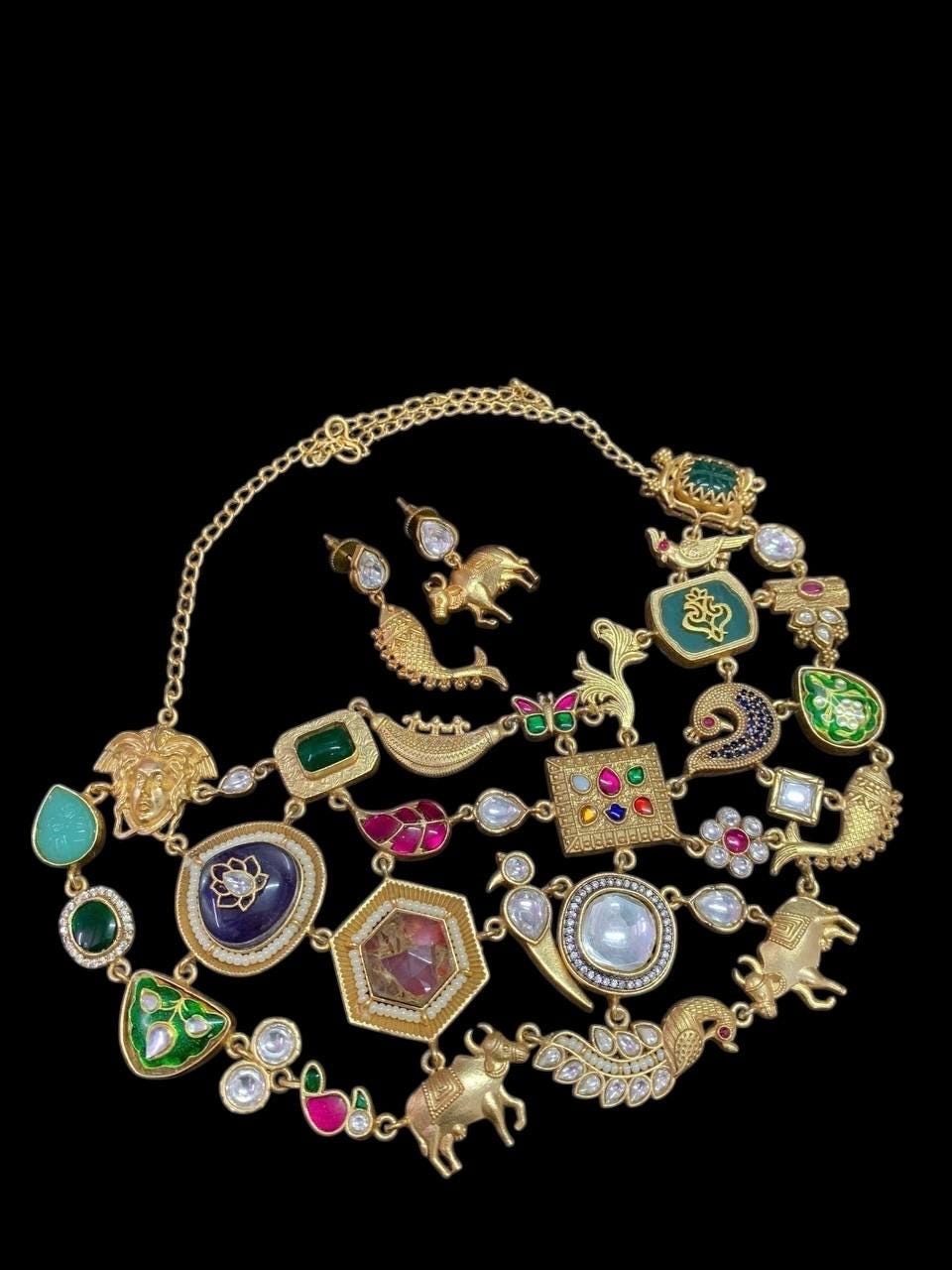 Sabyasachi inspired gold mossanite kundan and stones multi layer necklace chain with earrings/Indian Pakistani wedding fusion statement set