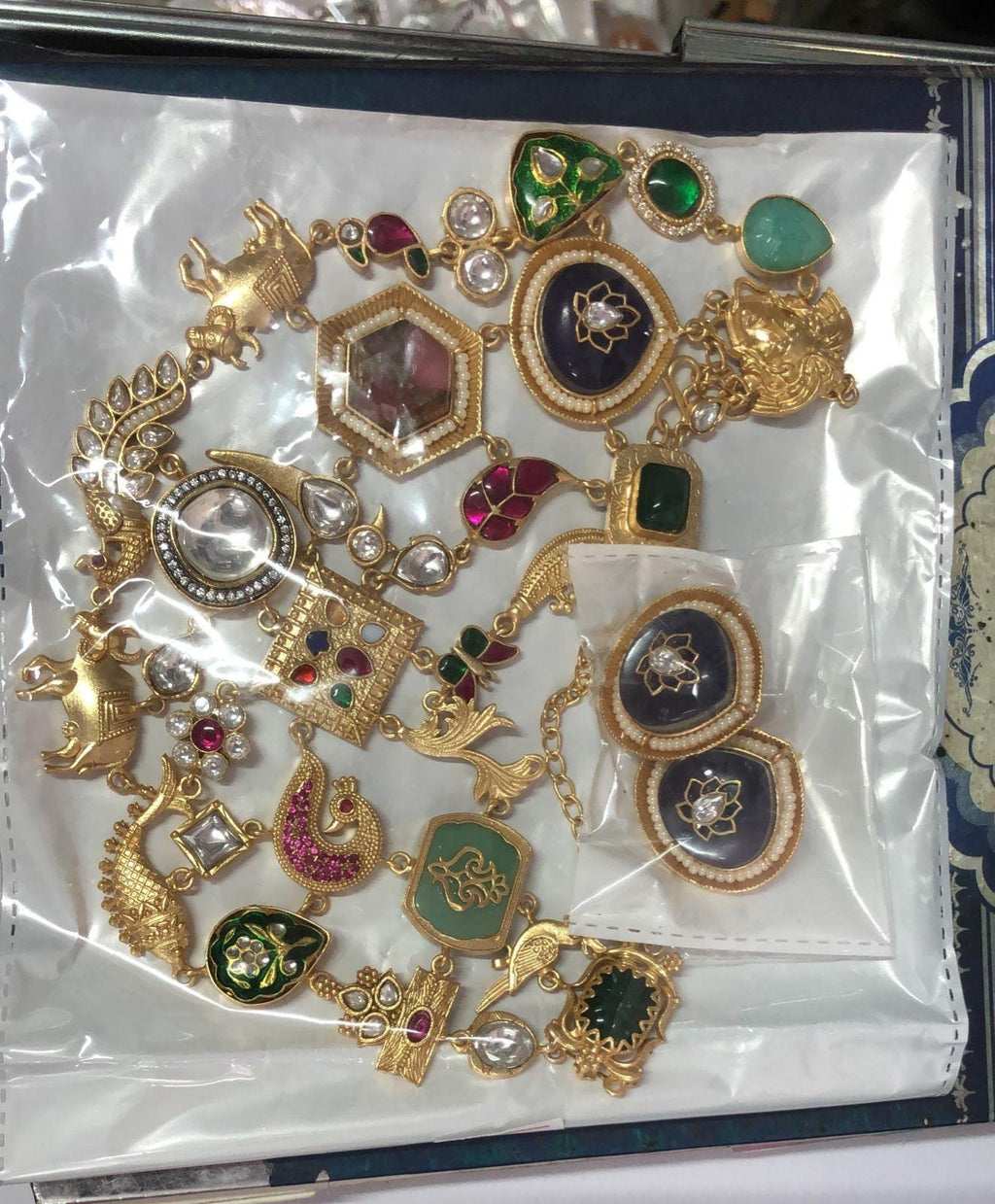 Sabyasachi inspired gold mossanite kundan and stones multi layer necklace chain with earrings/Indian Pakistani wedding fusion statement set