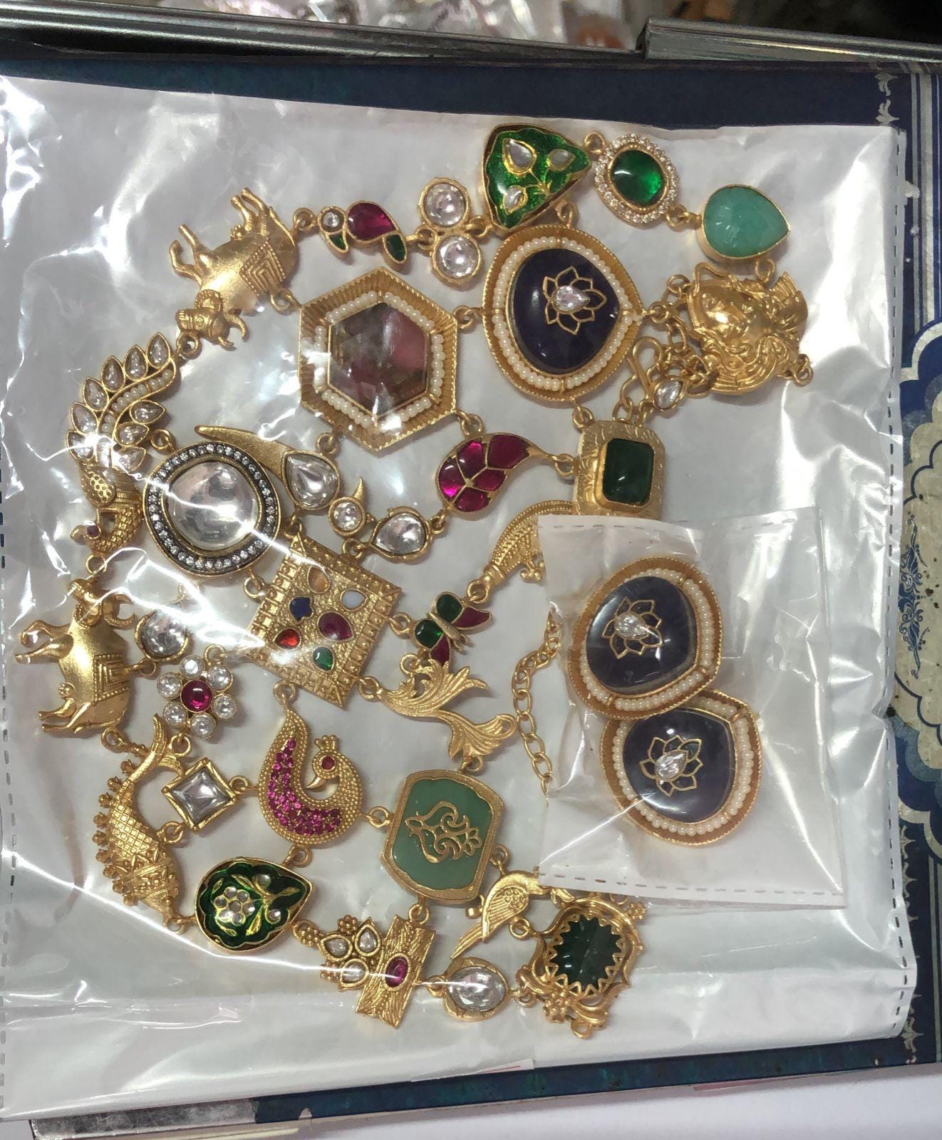 Sabyasachi inspired gold mossanite kundan and stones multi layer necklace chain with earrings/Indian Pakistani wedding fusion statement set
