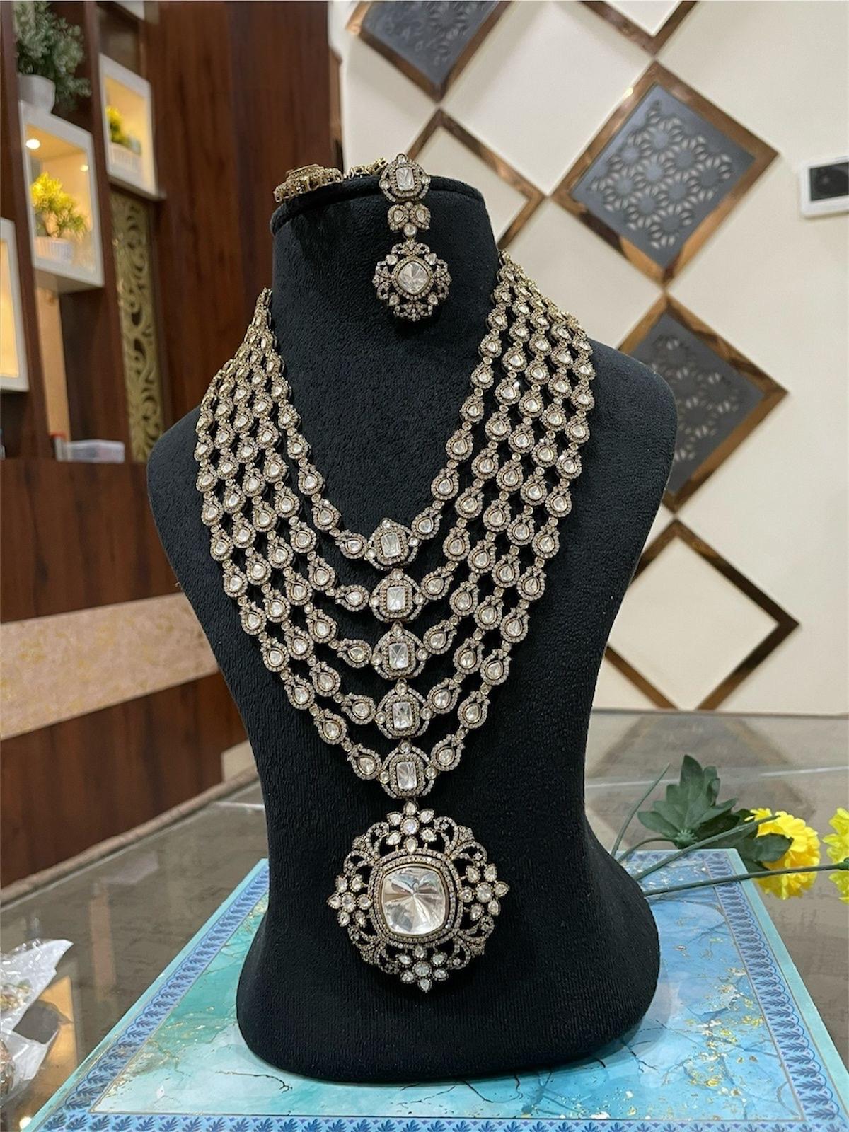Victorian Moissanite multi layer Polki Necklace, Sabyasachi jewelry,Indian Pakistani Wedding Bridal Statement Fusion showstopper necklace