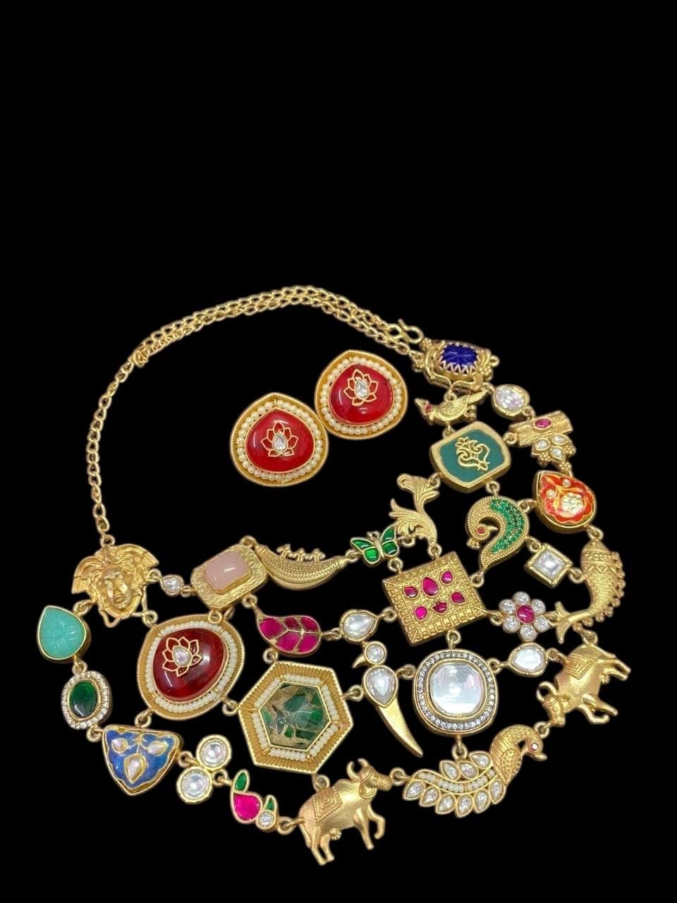 Sabyasachi inspired gold mossanite kundan and stones multi layer necklace chain with earrings/Indian Pakistani wedding fusion statement set