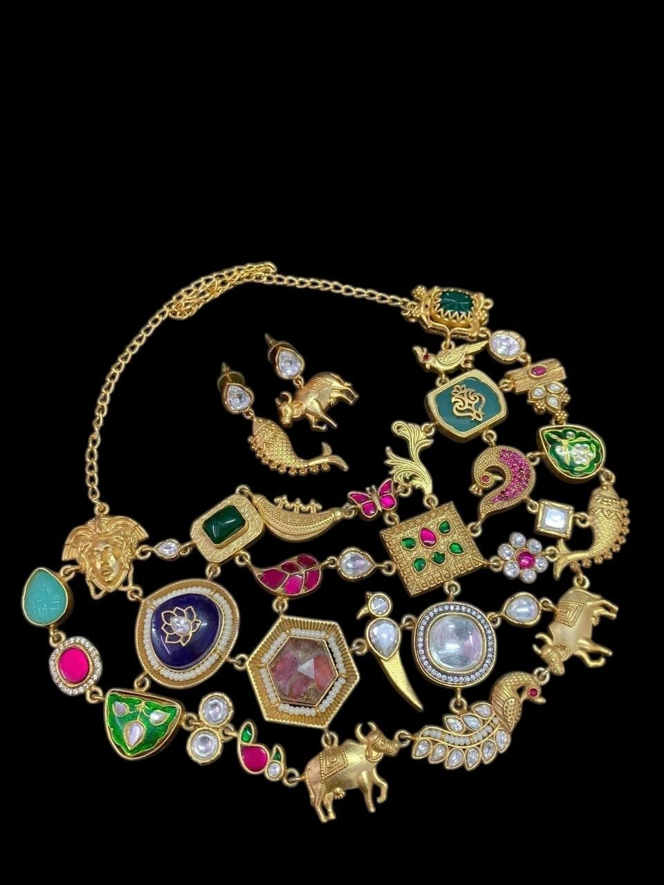Sabyasachi inspired gold mossanite kundan and stones multi layer necklace chain with earrings/Indian Pakistani wedding fusion statement set