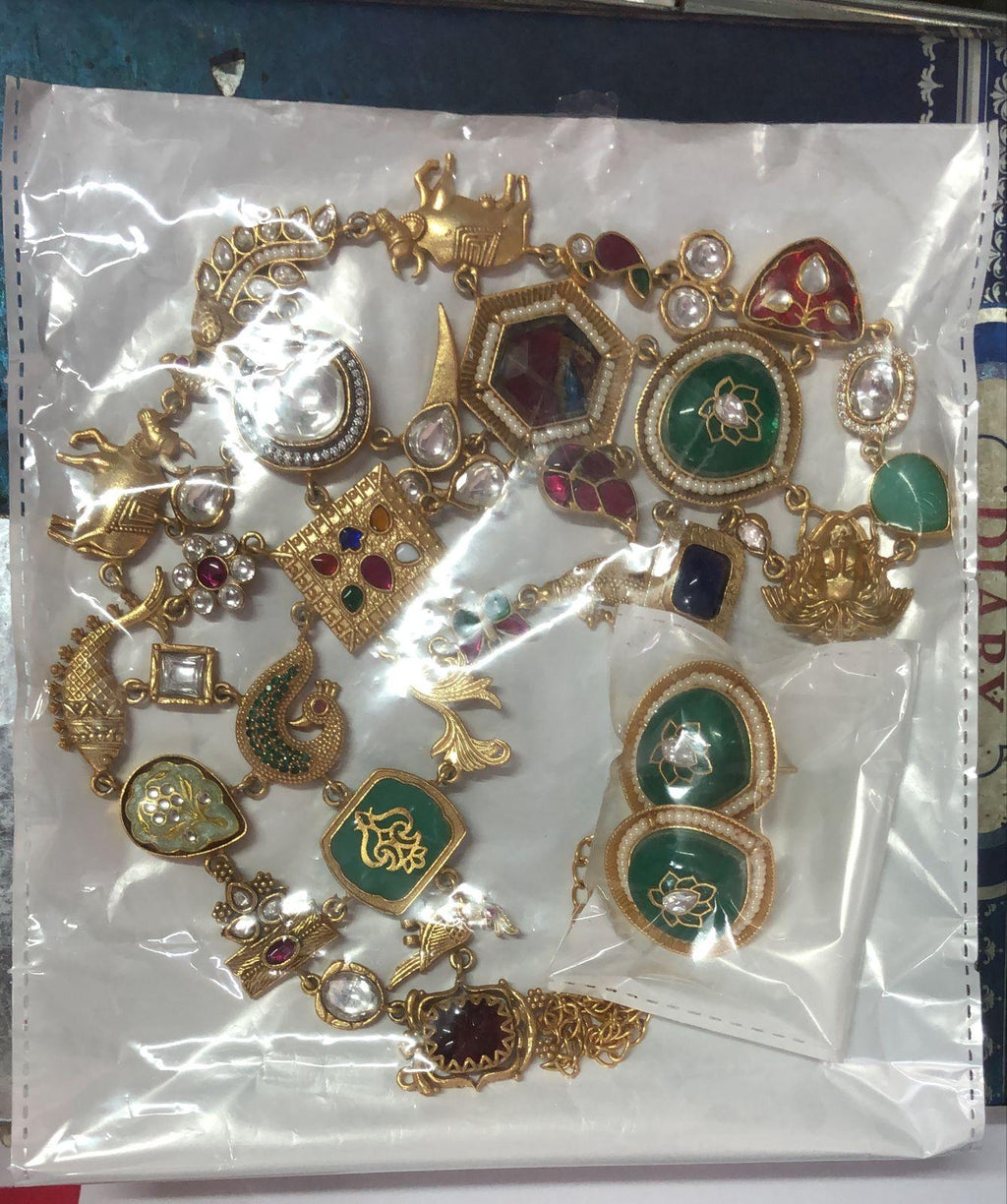 Sabyasachi inspired gold mossanite kundan and stones multi layer necklace chain with earrings/Indian Pakistani wedding fusion statement set