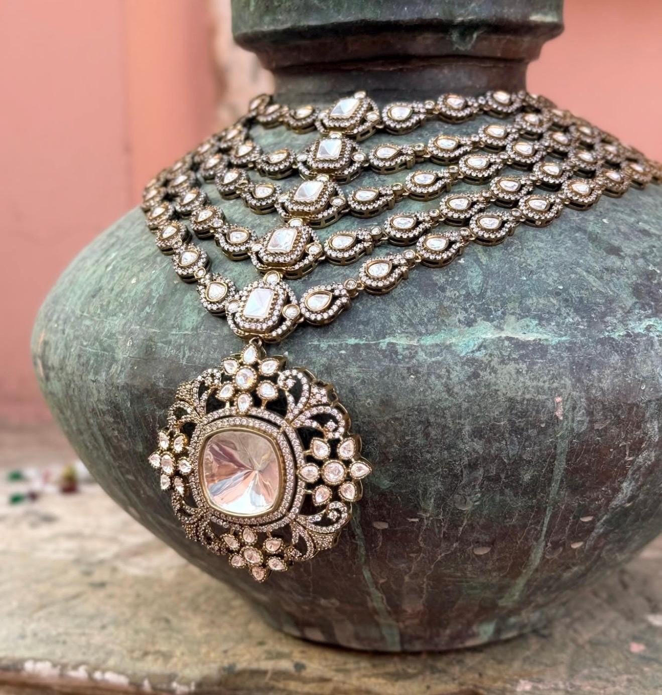 Victorian Moissanite multi layer Polki Necklace, Sabyasachi jewelry,Indian Pakistani Wedding Bridal Statement Fusion showstopper necklace